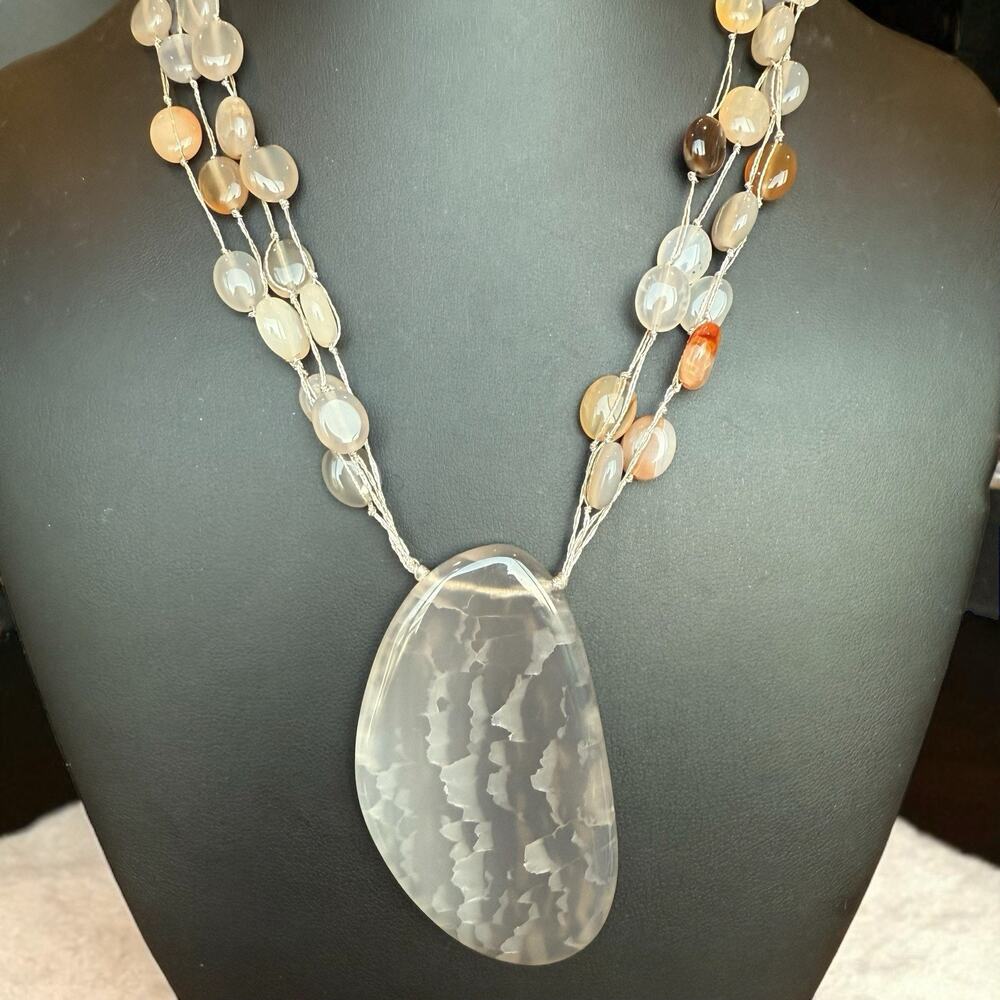 LUCAS LAMETH LUC Sterling 925 Agate Bead & Large Slice Pendant Necklace 18”